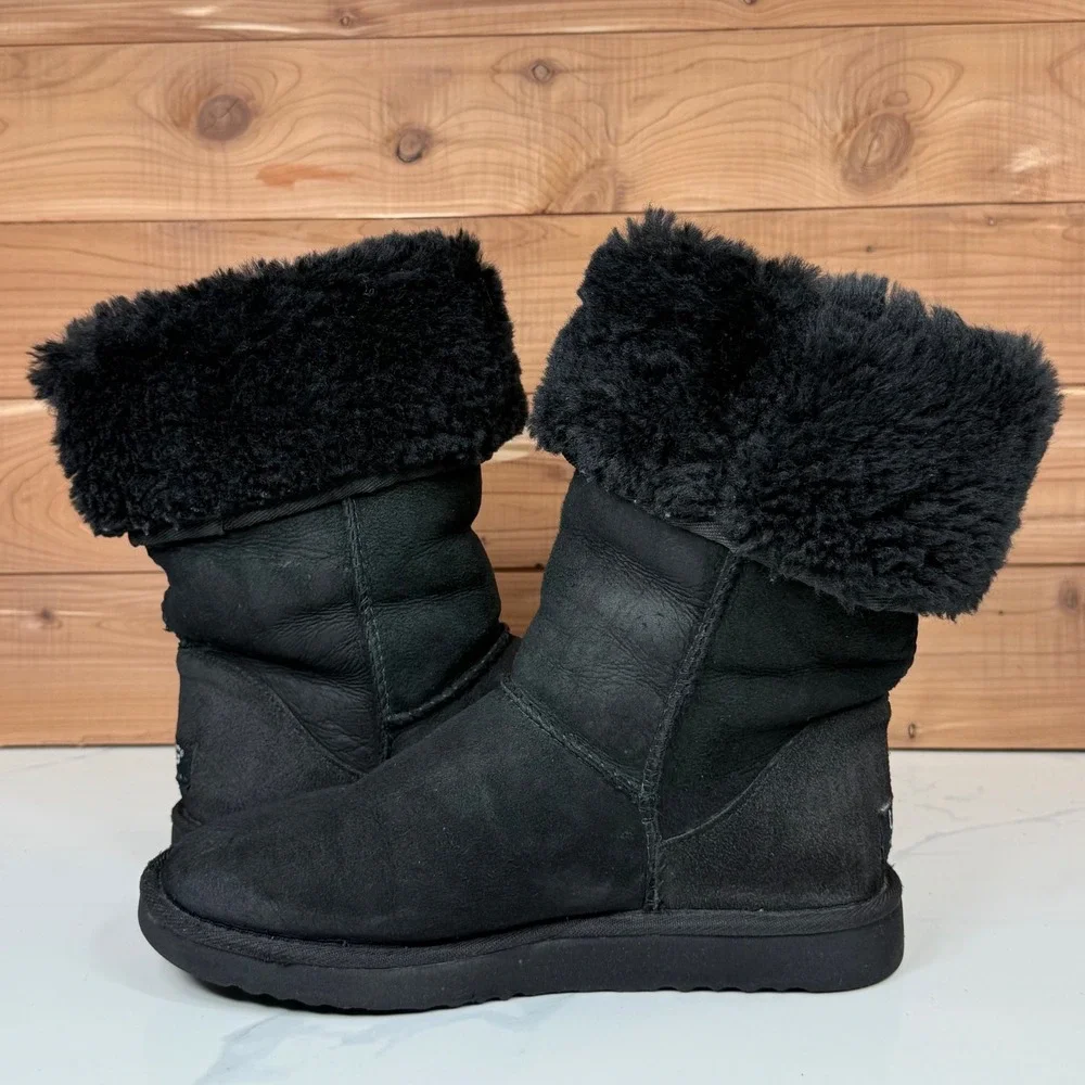 Black UGG Australia Tall Boots Sheepskin Fur Lined Fold‎ Over Cuff Women's 7